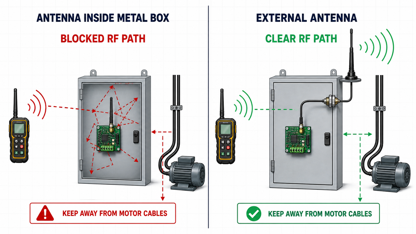 Comparison of an RF antenna trapped inside a metal cabinet and a correctly mounted external antenna