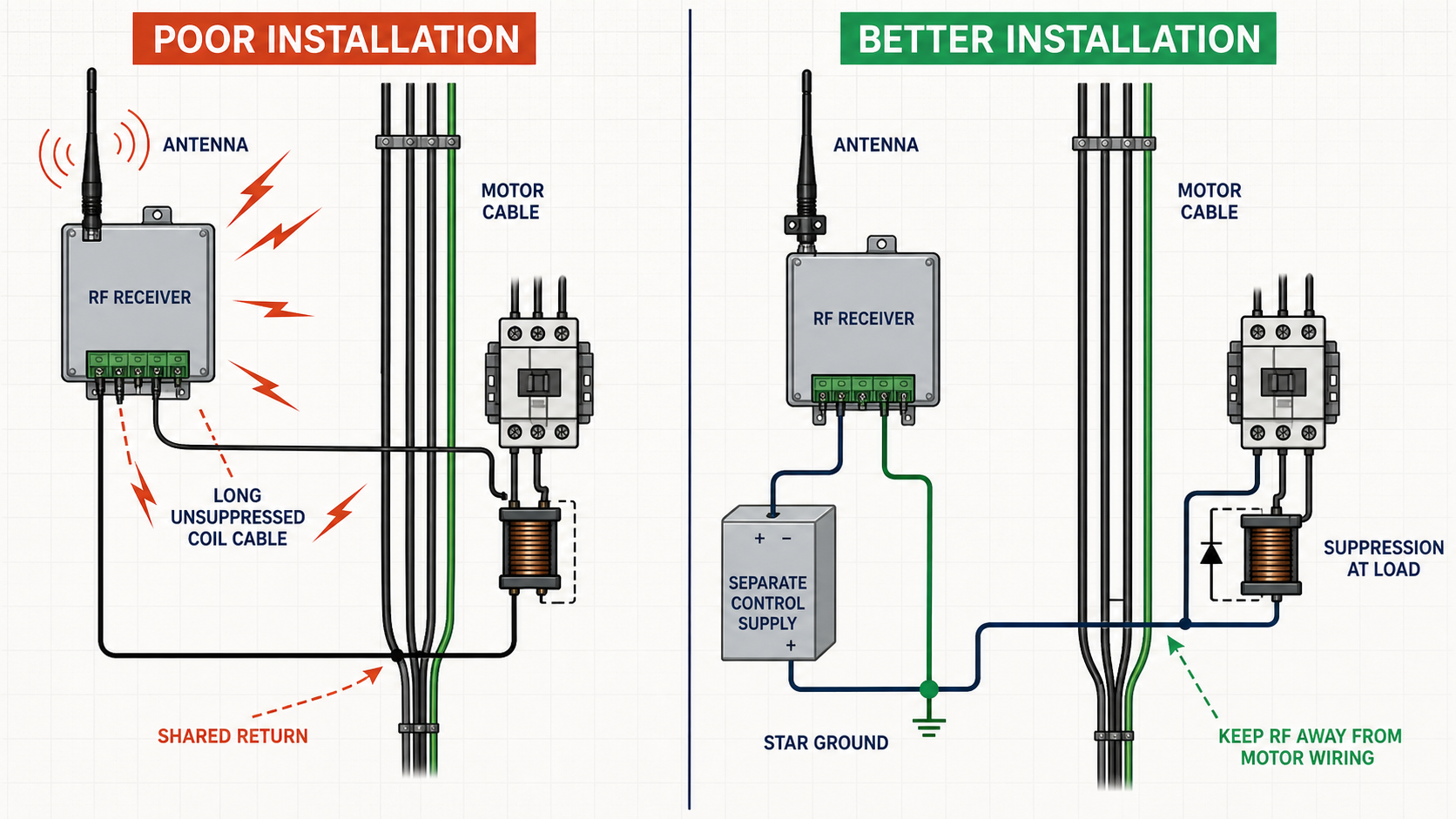 Comparison of poor and improved RF receiver installation near motor wiring, including separate control supply, star ground and suppression at the load.