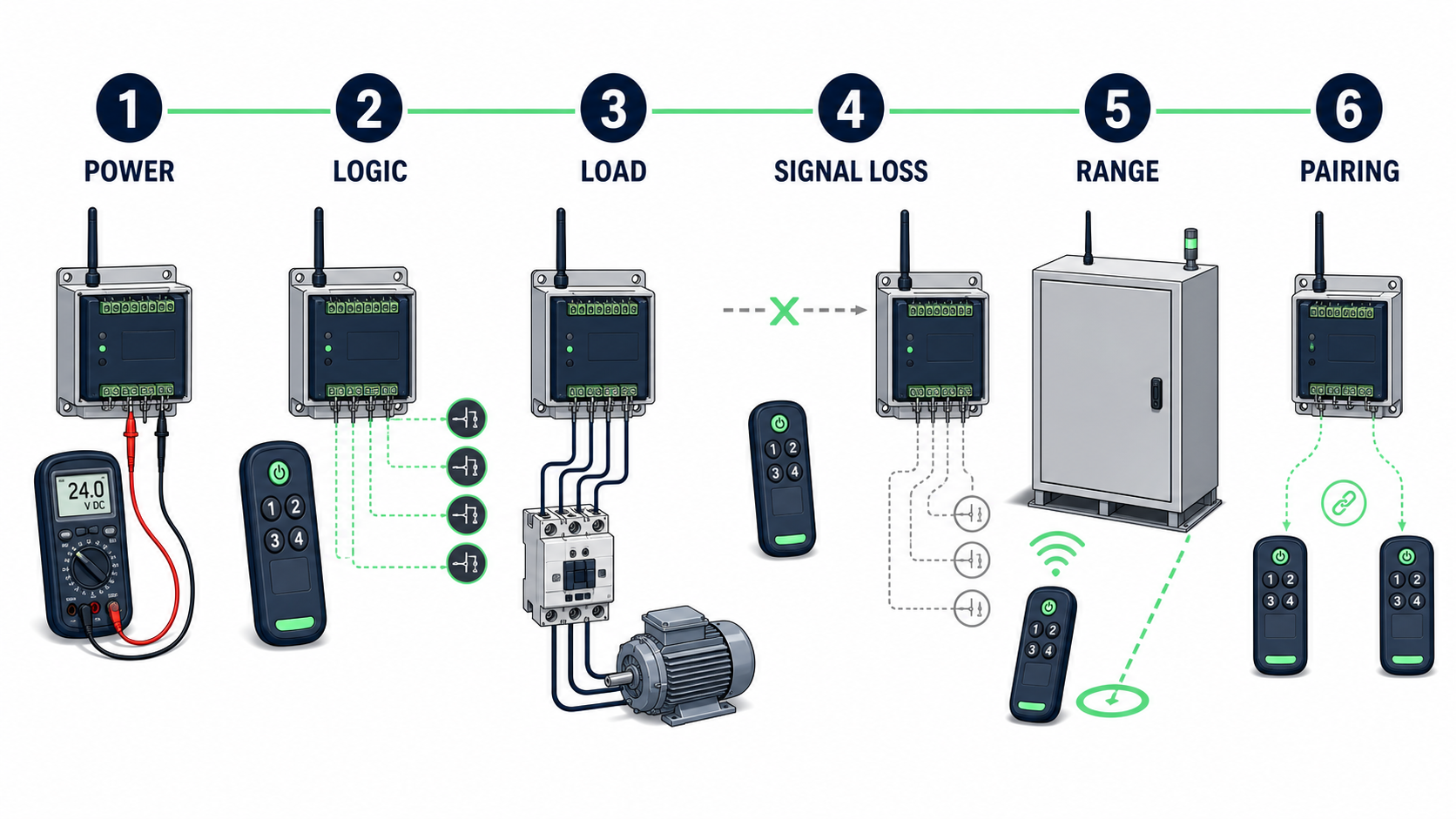 Six-step RF remote control commissioning workflow: power, logic, load, signal loss, range and pairing.