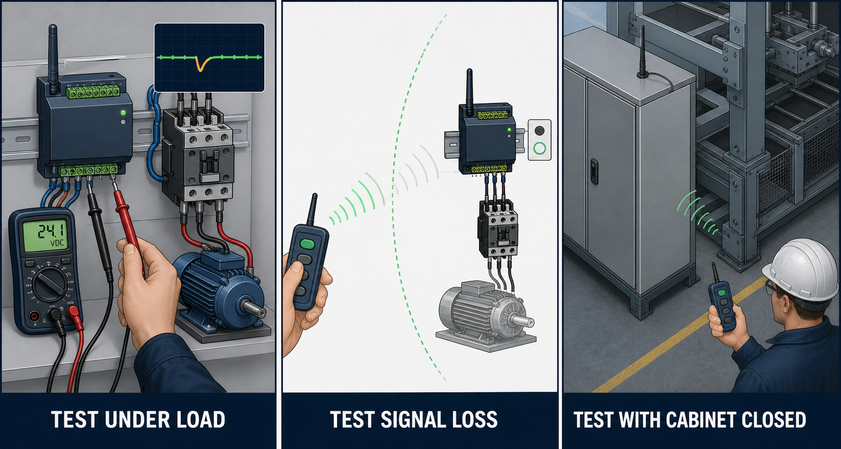 Three critical RF commissioning tests under load, during signal loss and with the metal cabinet closed.