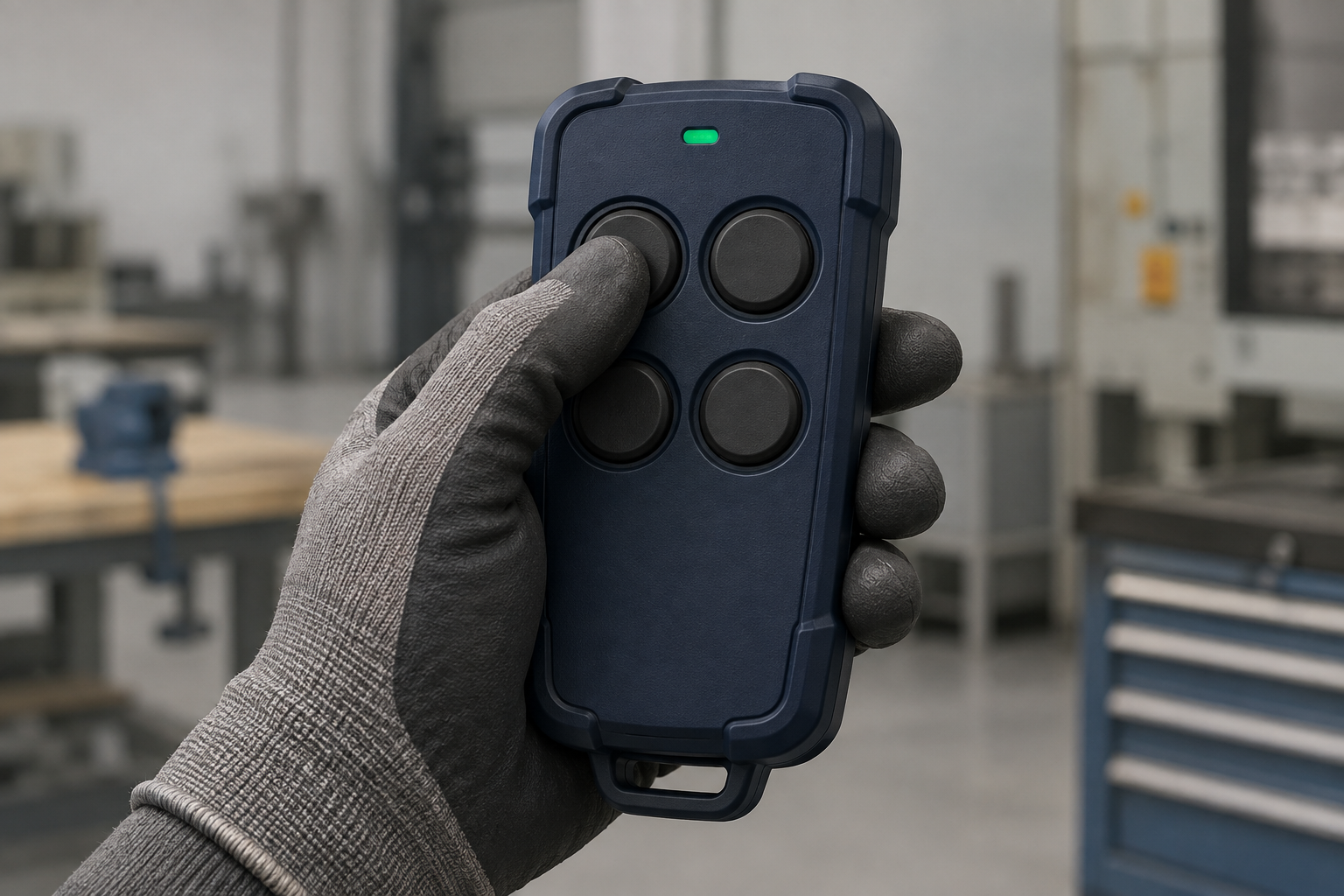 Conceptual illustration of a work-gloved hand operating a four-button RF handset