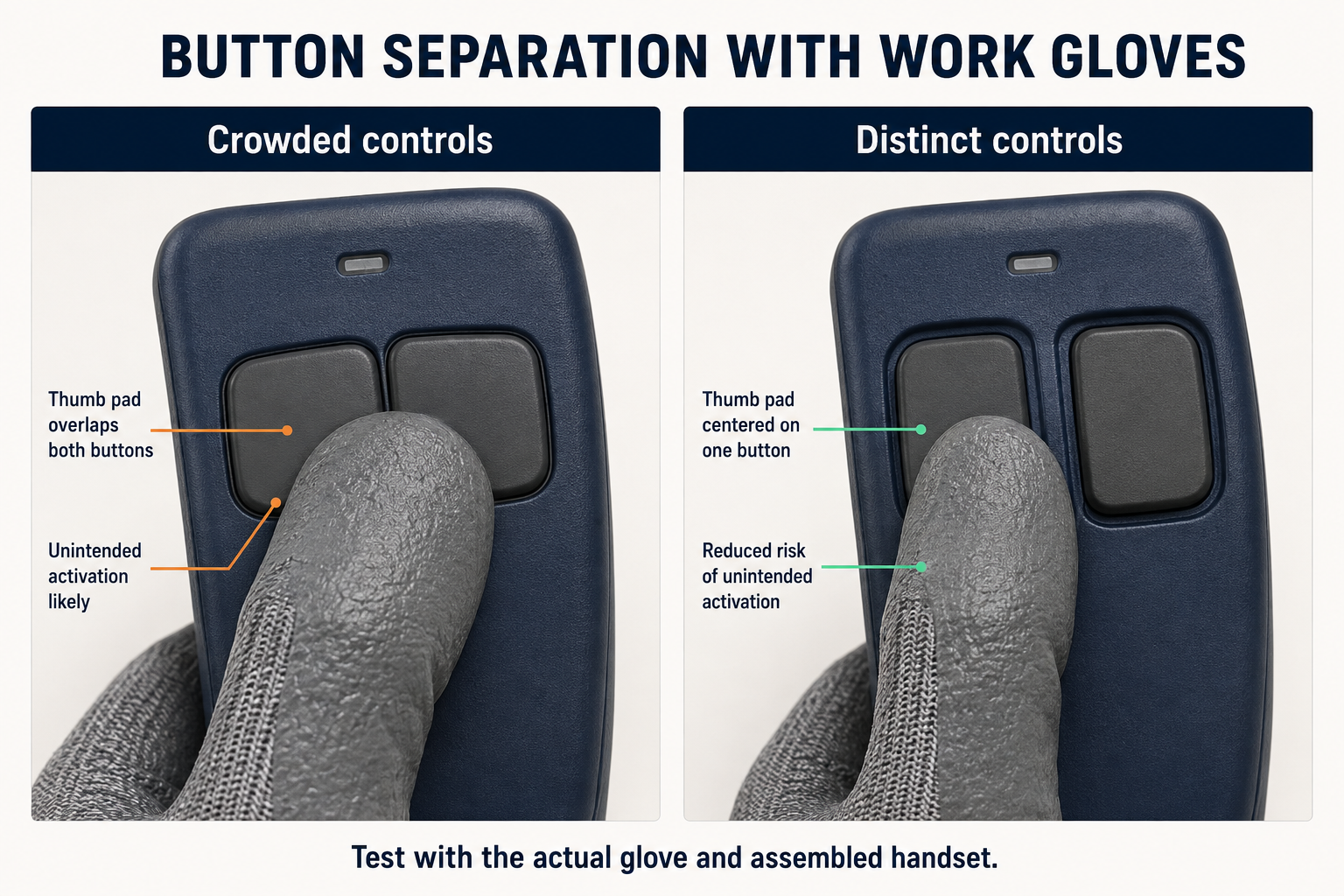 Conceptual comparison of a gloved thumb overlapping crowded RF remote buttons and pressing one clearly separated button
