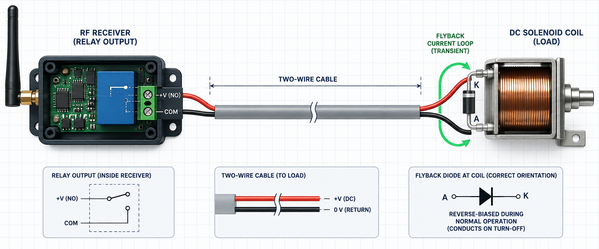 Correct DC flyback-diode placement directly across the solenoid coil, keeping the turn-off current loop local instead of allowing the cable to radiate the transient.