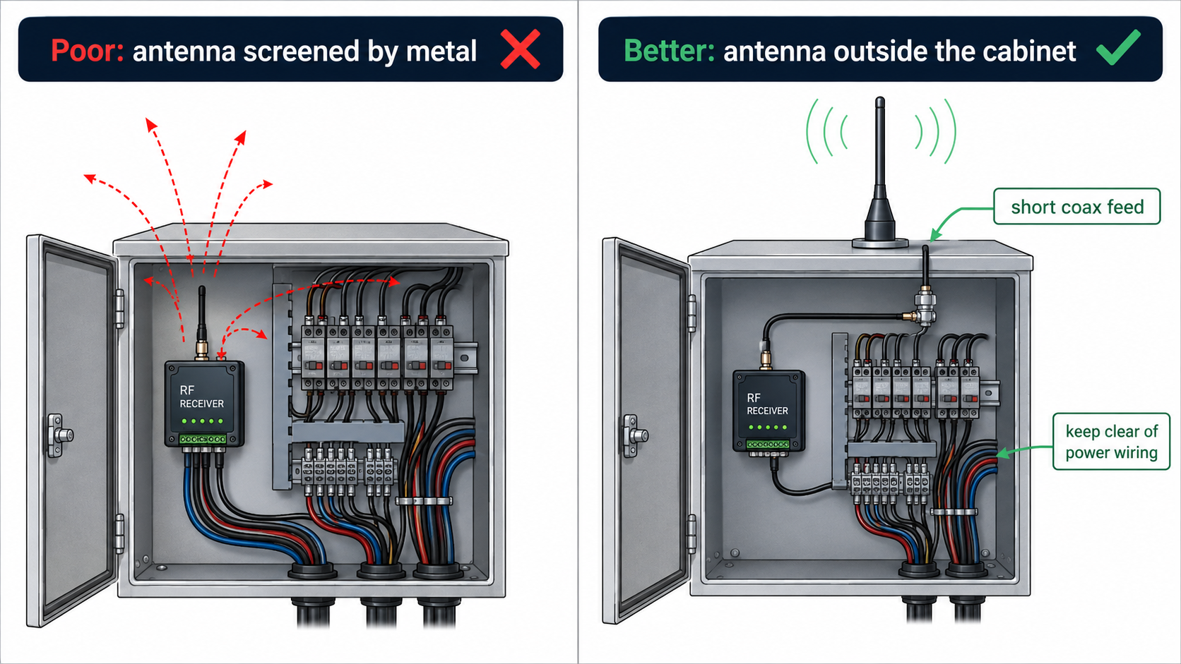 Poor and correct RF receiver antenna installation in a metal control cabinet